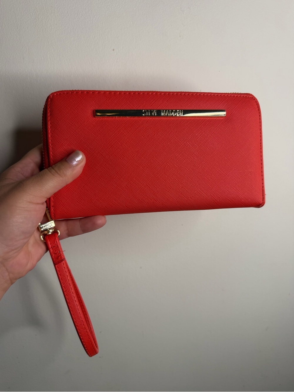 Steve Madden Red Saffiano Zip Wristlet Wallet with Gold Accent